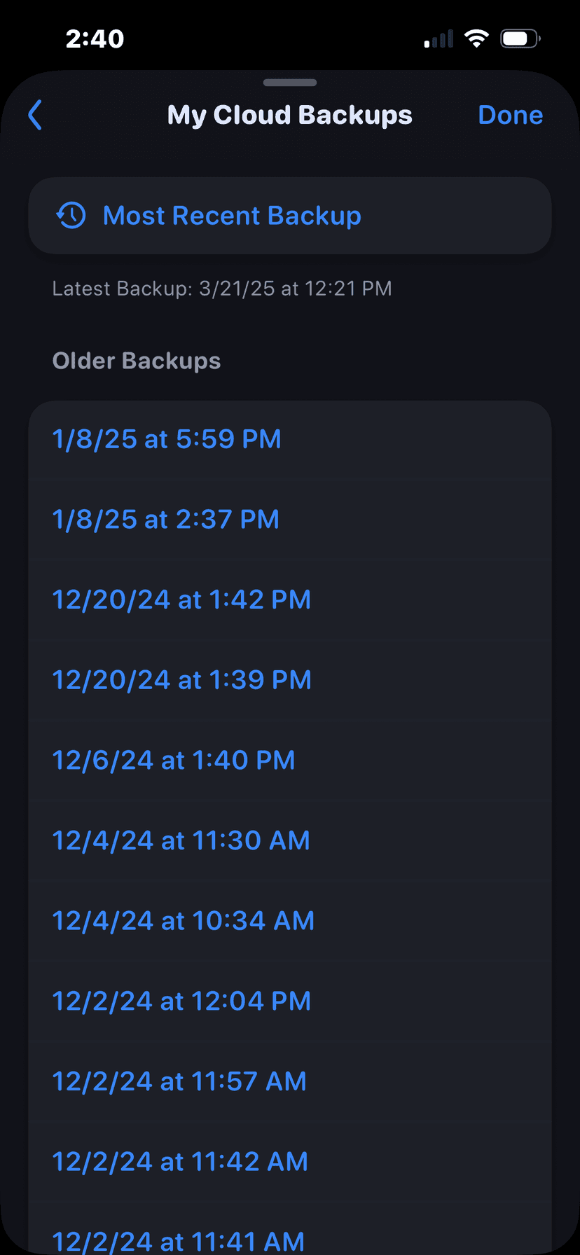 Backups list view